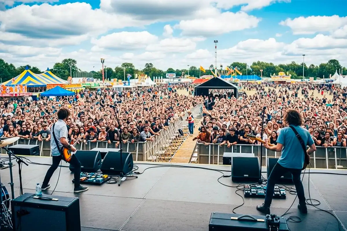 Musicians performing on stage at an outdoor music festival with a massive crowd cheering in front, colorful tents and festival attractions visible in the background under a bright blue sky