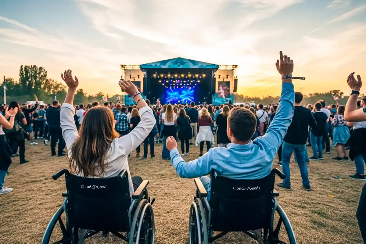 Two people in Cloud of Goods wheelchairs enjoying a live concert from the mobility-accessible area at a music festival, raising their hands toward the main stage at sunset with a lively crowd around them